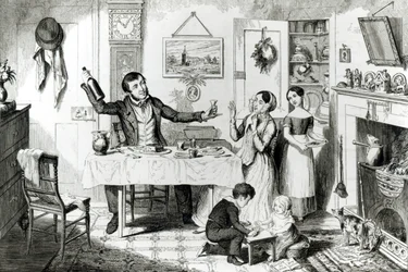 The Bottle, Plate I, The bottle is produced for the first time: the husband induces his wife Just to take a drop, 1847